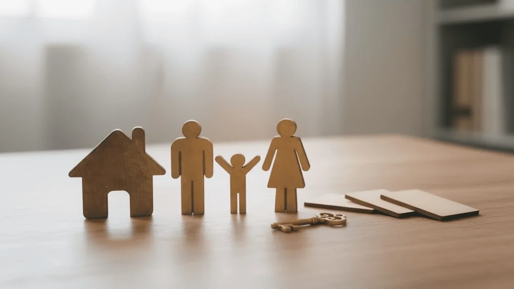 Família em ambiente doméstico, imagem editorial sobre guarda compartilhada e convivência