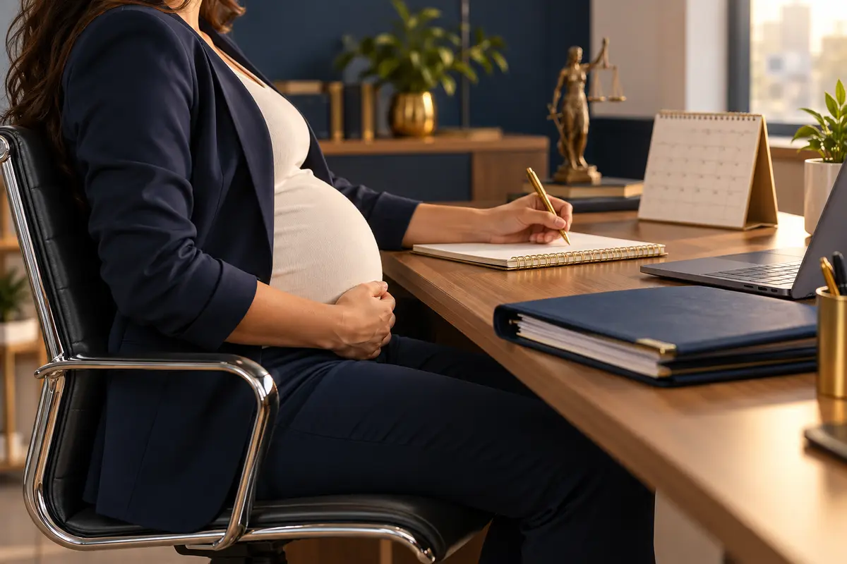 Profissional gestante sentada à mesa com calendário e pasta de trabalho, imagem editorial sobre estabilidade no emprego