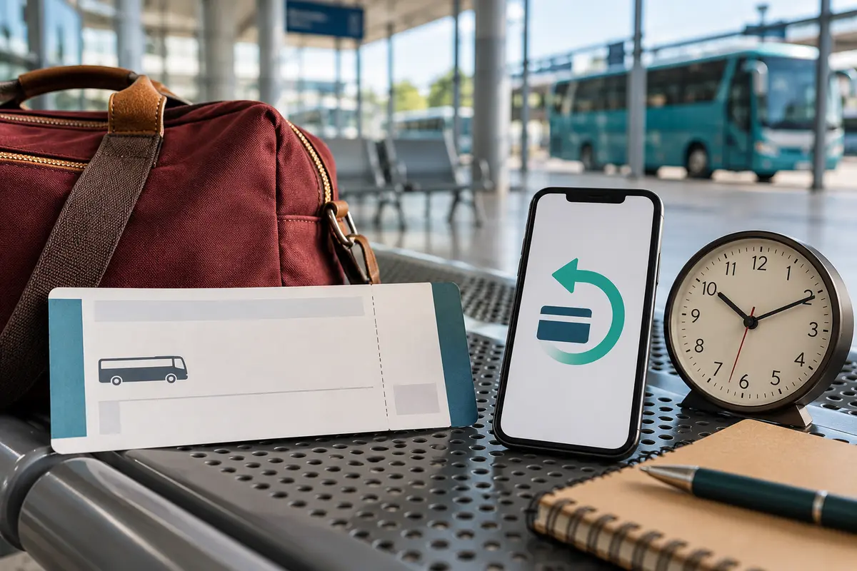 Bilhete de ônibus, mala, telefone com símbolo de reembolso e relógio em terminal rodoviário