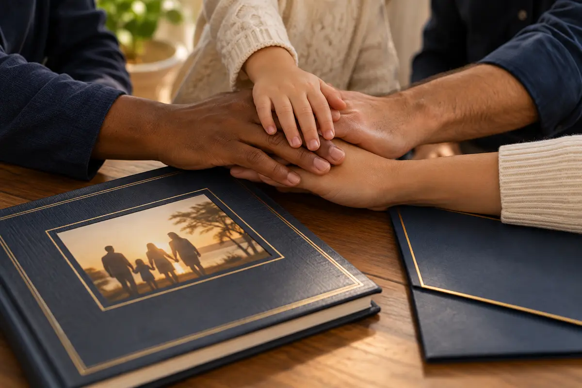 Mãos de familiares reunidas sobre álbum e pasta de registro civil, imagem editorial sobre paternidade socioafetiva
