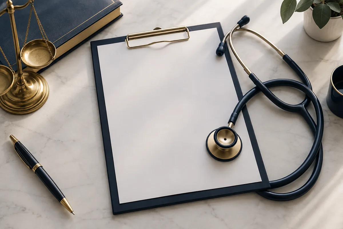 Imagem ilustrativa: Estetoscópio e prancheta de relatório médico