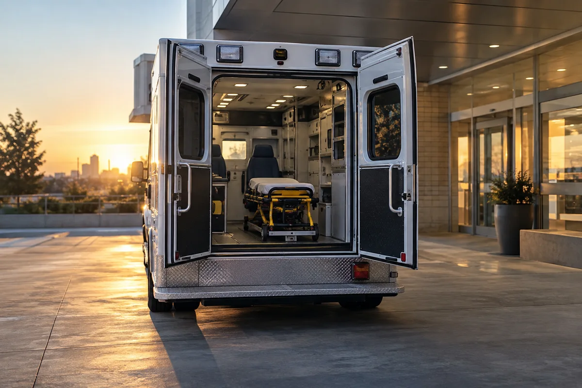 Imagem ilustrativa: Ambulância preparada junto à entrada de um hospital