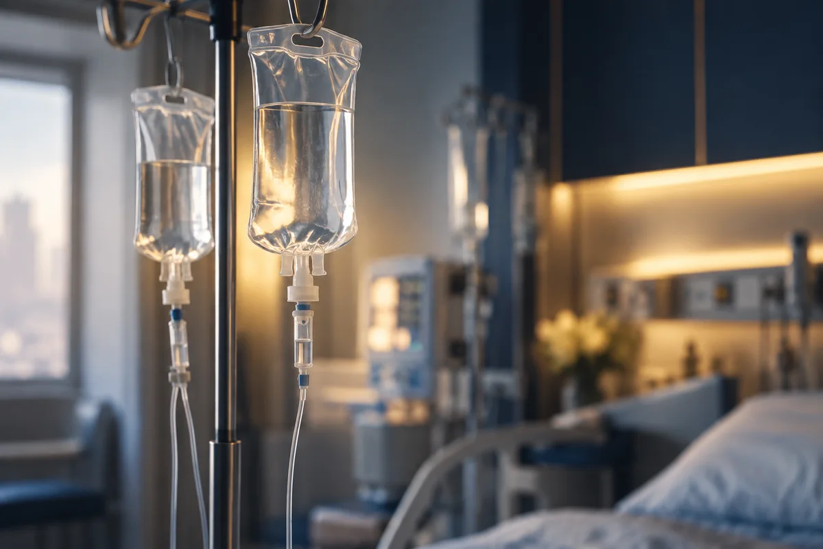 Imagem ilustrativa: Bolsas de infusão em ambiente hospitalar