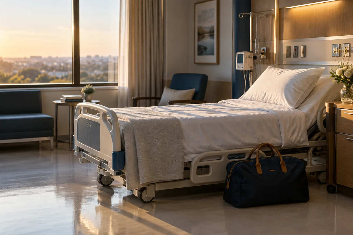 Imagem ilustrativa: Leito hospitalar com bolsa preparada para a alta