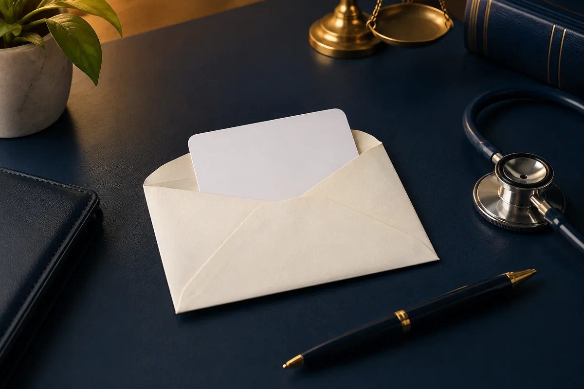 Imagem ilustrativa: Cartão sem identificação e envelope sobre mesa