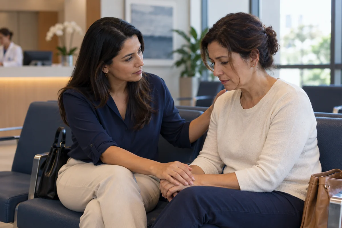 Imagem ilustrativa de duas mulheres aguardando atendimento em uma clínica