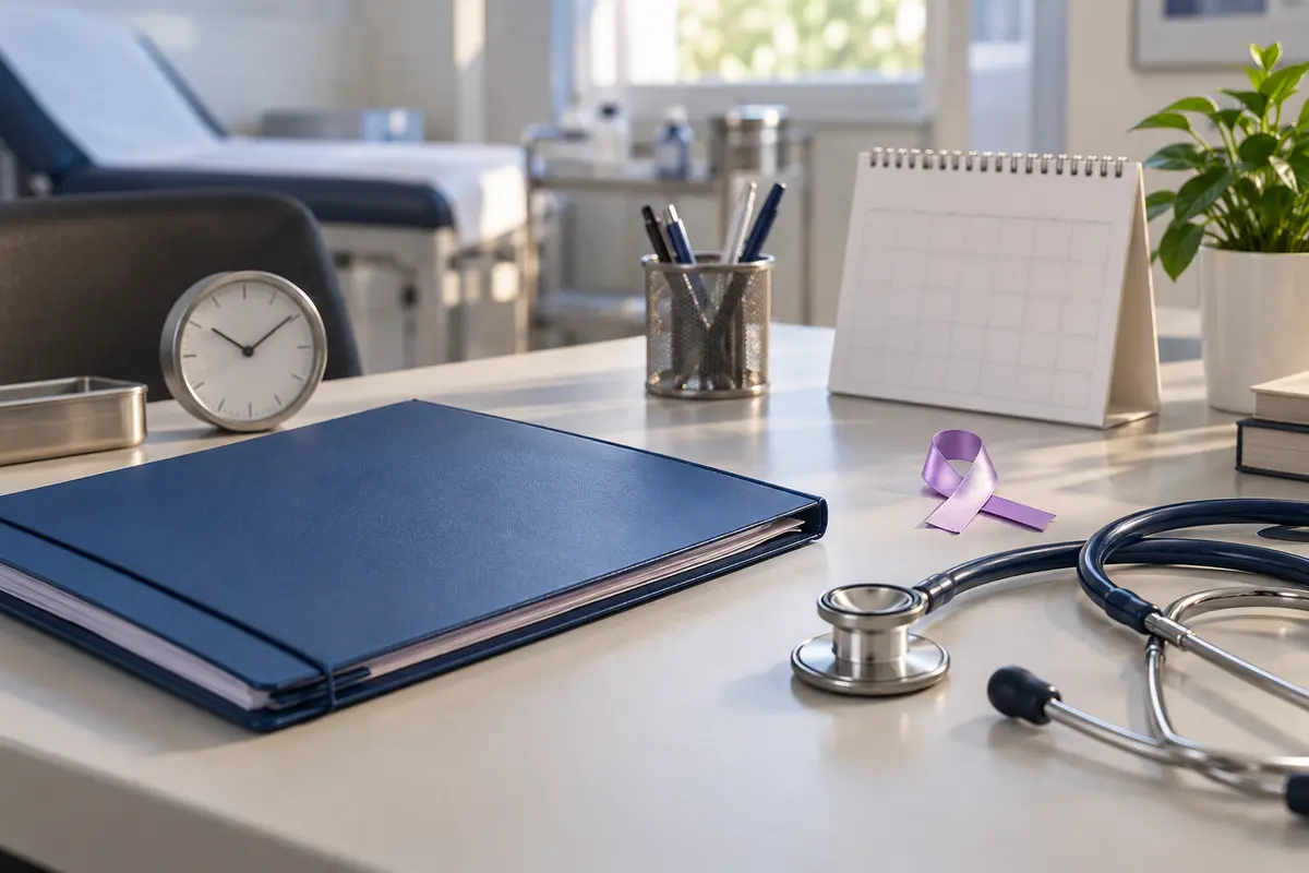 Pasta médica, calendário, relógio e estetoscópio sobre mesa, imagem editorial sobre prazos do tratamento oncológico no SUS