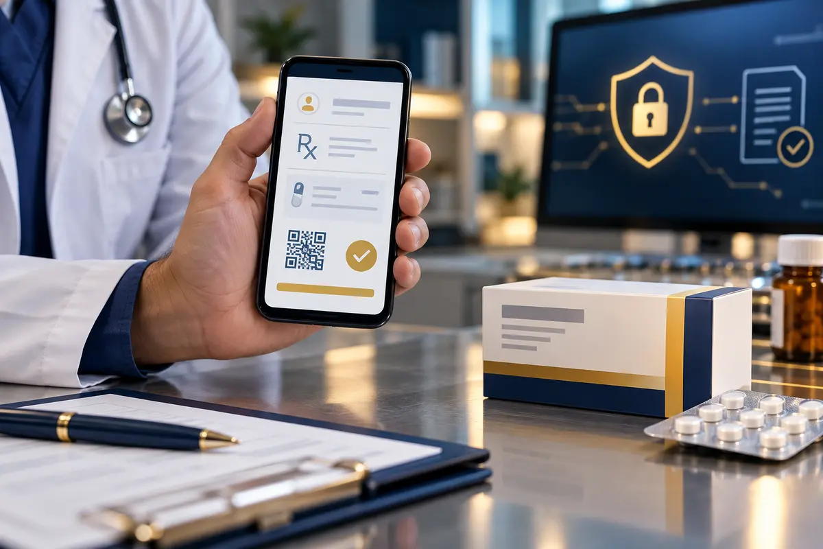 Profissional de saúde apresenta prescrição eletrônica em celular com símbolo de verificação e medicamento ao lado