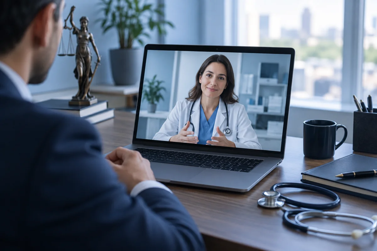 Imagem ilustrativa de consulta médica por vídeo em um notebook
